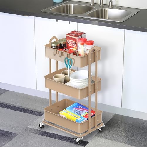 Simple Houseware 3-Tier Heavy Duty Metal Utility Rolling Cart, Khaki - Image 5