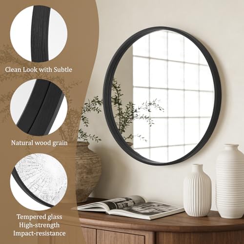 WallBeyond Black Round Wood Mirror 24 inch Circle Wall Mirror for Bathroom Round Wall Mirror for Wall Decor, Vanity, Entryway Living Room - Image 4