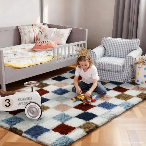 Ophanie Checkered Rainbow Rug for Living Room Bedroom,Colorful Fluffy Soft Cute Fuzzy Area Rugs,Shag Plush Shaggy Bedside Floor 4x6 Furry Carpet Kids Baby Teen Dorm Decor with Over 99 pcs Pile fibers - Image 3