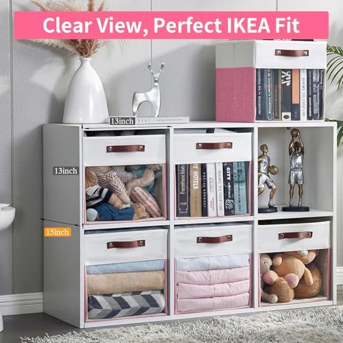 Bagnizer Storage Cubes, 4 Pack Linen Foldable Storage Bins with Clear Window and 2 Handles, 13x15x13 Storage Cube Bins for Shelf Closet, Kallax, Clothes, Books - (Pink / Off-White) - Image 2