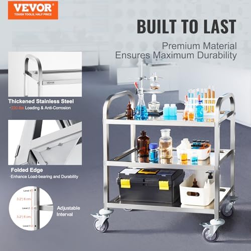 VEVOR Stainless Steel Cart, 3 Layers Lab Utility Cart 220 lbs Weight Capacity, Medical Cart with Lockable Universal Wheels, for Lab, Clinic, Kitchen, Salon - Image 2