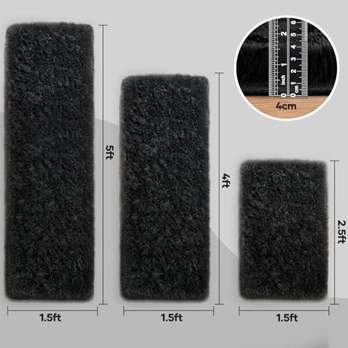 Ophanie Small Rug Washable Non Slip Throw Bedside Area Rugs, Fluffy Soft Mini Bedroom Carpet, 1.5x2.5，1.5x4 and 1.5x5 Rug Set, 3 Piece Black with Over 99 pcs Pile fibers - Image 2