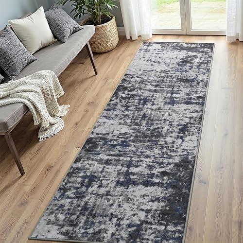 2x8 Washable Runner Rug Non Slip Runners for Hallways, Kitchen Soft Stain Resistant Floor Carpet with Rubber Backing Abstract Rugs for Entryway, Bedroom, Bathroom, Laundry Room, Dark Grey Blue by Enqinar
