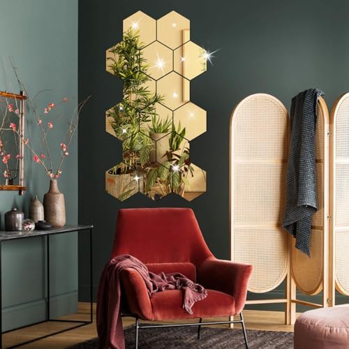 DIY Wall Decals Acrylic Mirror Sticker Set 12 Pcs, Hexagon Mirror Wall Stickers for Living Room Bedroom Decor (Gold) - Image 6