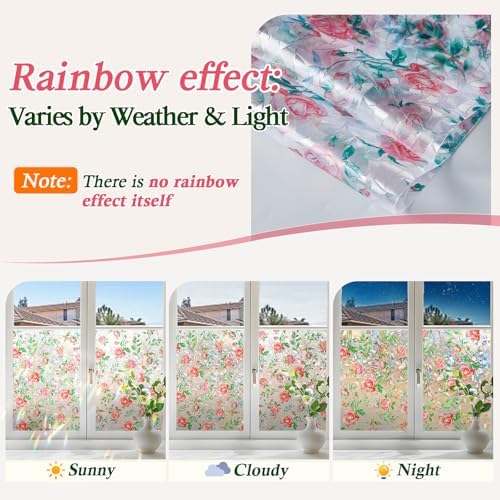 Coavas Stained Glass Window Privacy Film, 3D Rainbow Floral, 17.5" x 78.7" - Image 4