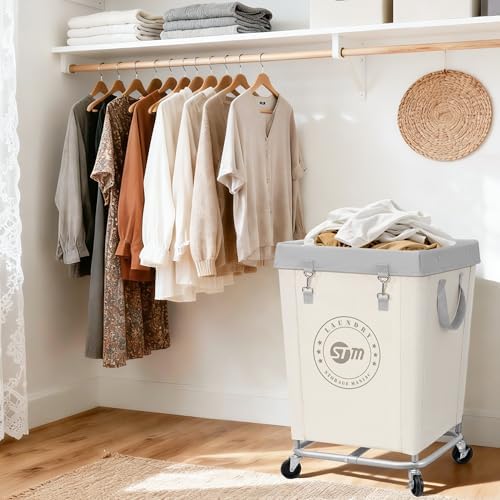 STORAGE MANIAC Commercial Laundry Hamper with Heavy Duty Steel Frame, 160 L Industrial Clothes Basket Cart with Wheels for Big Family, Home, Hotel, Laundry Room, 18''L x 18''W x 31''H, Medium Beige - Image 2