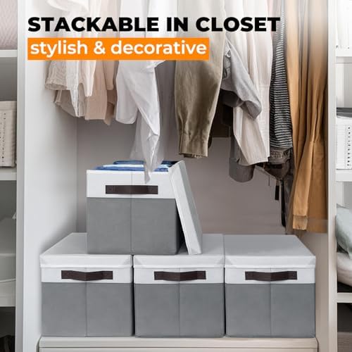 Large Closet Storage Baskets Bins with Lids 4 Pack, Storage Baskets for Organizing Shelves Nursery Bedroom, Home Dorm Closet Organizers Cubes for Clothes Toys Blanket Book - Stackable -14x10x9.5 - Image 3