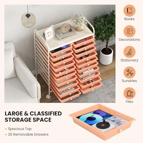 Giantex 20 Drawers Rolling Cart, Mobile Storage Drawer Cart, Classroom Organizer for Office School Supplies Tools Scrapbook Paper Craft Small Printer, Utility Stand on Wheels, Peach - Image 5