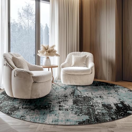 RELEANY Washable Round 8ft Area Rug for Living Room Teal Black by RELEANY