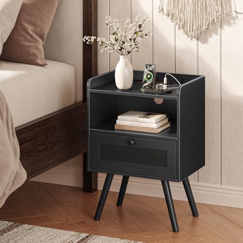 SUPERJARE Nightstands with Charging Station, Set of 2, All Black - Image 3