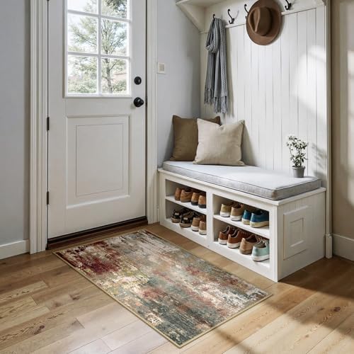 RELEANY Washable 2'x4' Abstract Area Rug for Living Room Rustic Brown by RELEANY