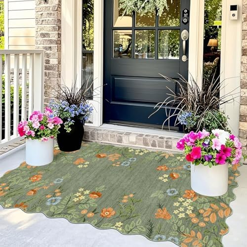 Sage Green Floral Entry Rug - 3x5 Ft Washable Indoor Outdoor Mats for Front Door Non-Slip Porch Rug Non-Slip Boho Throw Rugs for Living Room Bedroom Entryway Kitchen Office Porch Decor - Image 3