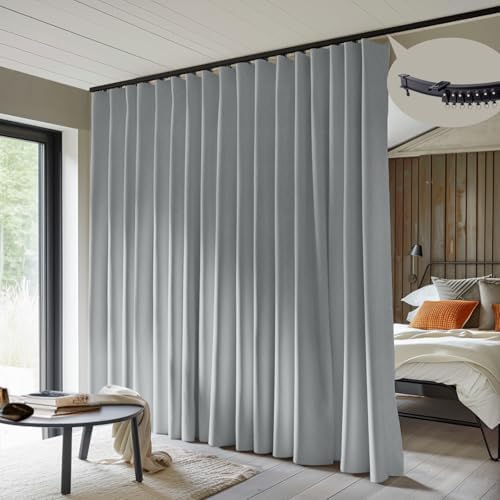 MaKefeile Room Divider Curtains with Flexible Ceiling Curtain Tracks Set,100% Blackout Floor to Ceiling Curtains Patio Sliding Door Curtains (Grey Drape & Black Rail W 12.5 × H 9 FT) by Makefeileshade