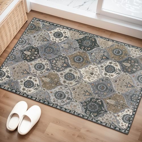 Lahome Moroccan Trellis Area Rug, 2x3 Entryway Rug Non-Slip Washable Indoor Door Mat, Small Oriental Accent Throw Carpet for Bedroom Kitchen Entry Bathroom Elise, Grey by Lahome