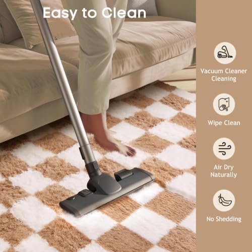 Ophanie Checkered Beige & White Rug for Living Room Bedroom,Fluffy Soft Cute Fuzzy Area Rugs,Shag Plush Shaggy Bedside Floor 4x6 Furry Carpet Kids Baby Teen Dorm Decor with Over 99 pcs Pile fibers - Image 6