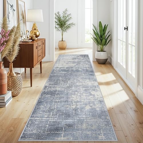 Abstract 3x10 Kitchen Rug Runners: Washable 10ft Hardwood Floor Mat Bathroom Living Room Bedroom Beside Mat Non-Slip Hallway Entry Area Rug Soft Indoor Farmhouse Carpet for Families(3x10,Blue/Ivory) - Image 2