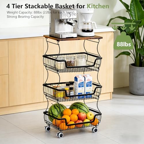 Kitchen Storage Cart on Wheels, 4 Tier Rolling Stackable Pantry Floor Organizer, Kitchen Fruit Basket Stand for Home Removable Metal Vegetable Rack Wire Snack Cart - Image 3