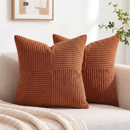 Fancy Homi 2 Packs Rust Euro Decorative Throw Pillow Covers 28x28 Inch for Bedroom Bed, Farmhouse Boho Home Decor, Soft Corss Corduroy Patchwork Textured Square Terracotta Cushion Case 71x71 cm - Image 7