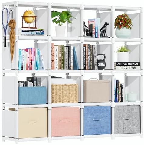 Mavivegue 16 Cube Storage Organizer Book Shelf, Metal Cube Bookshelf, DIY Bookcase, Tall Book Case for Bedroom, Living Room, Office - White by Mavivegue