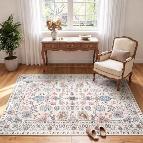 Hanples 3x5 Washable Rugs for Entryway, Vintage Floral Door Mat, Beige - Image 4