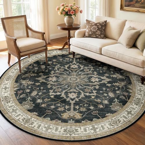RELEANY Washable Area Rug, Round 6ft, Black/Vintage/Beige by RELEANY