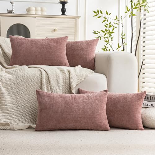 Set of 4 Soft Textured Decorative Throw Pillow Covers 12X20 Inch Cozy Farmhouse Cushion Cover Square Accent Pillow Cases for Bed Couch Sofa Living Room, Plum Pink by Cozoomy