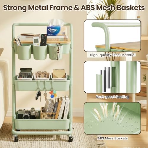 3 Tier Rolling Cart, Multifunctional Storage Cart with Table Top - Image 3