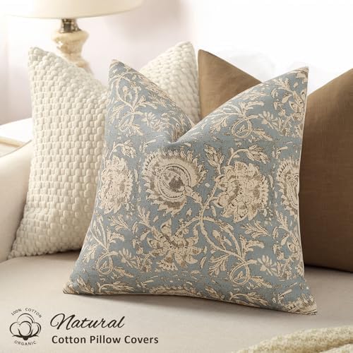 Vintage Floral Print Throw Pillow Covers 26x26 Set of 2 Neutral Modern Farmhouse Pillowcases Accent Decorative Cushion Covers Boho Home Decor for Couch Sofa Chair Bed Living Room, Sky Blue - Image 2