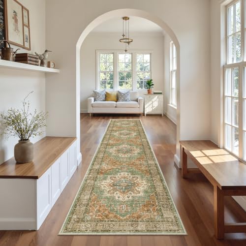 Madane Runner Rug 2x10 for Hallway, Washable Rug Runner, Brick/Brown/Green - Image 2