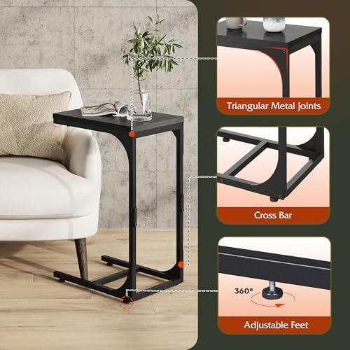 WLIVE C-Shaped End Table Set of 2, Small Couch Side Tables with Metal Frame, Sofa Table TV Tray for Living Room, Bedroom, Black - Image 5