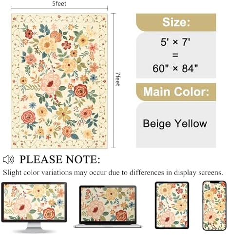 DUKINO 5x7 Area Rug Floral Washable Living Room Rug Non Slip Beige Yellow - Image 2