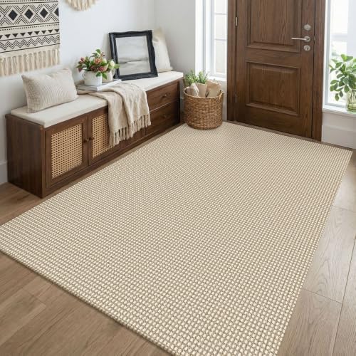 KOZYFLY Washable 4x5 Entry Woven Area Rug, Braided Throw Rugs for Entryway, Non Slip Door Mat Indoor Entrance, Flatweave Carpet for Foyer, Bedroom, Dining, Office, Ivory Beige by KOZYFLY