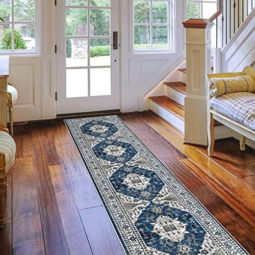 Hallway Washable Runner Rug - 2x10 Kitchen Rugs Entryway Rug Runner Vintage Soft Floor Mat Non Slip Indoor Farmhouse Carpet for Bathroom Living Room Bedroom (2 X 10, Blue) - Image 6