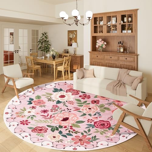 DUKINO 6ft Round Rug, Soft Washable Circle Rug for Bedroom Non Slip, Pink - Image 3