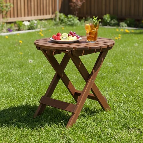 Shine Company Round Wooden Folding Solid Wood Side Table, Outdoor Adirondack Small Patio Table, Oak - Image 4