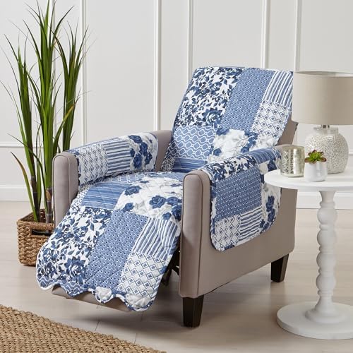 Great Bay Home Reversible Patchwork Recliner Cover - Washable Slipcover Furniture Protector with Elastic Straps - Perfect for Kids & Pets - Box-Stitched Detail (Navy) - Image 2