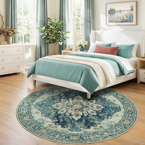 RELEANY Washable Area Rug, Round 7ft, Blue/Vintage Dark Blue - Image 2