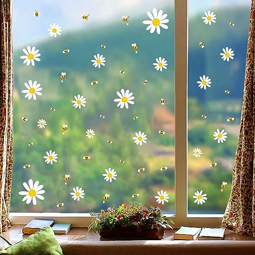 White Daisy and Bees Wall Stickers Easy to Peel and Stick Retro Flower Wall Decals for Girls Bedroom Nursery Living Room Office Floral Wall Decor - Image 2