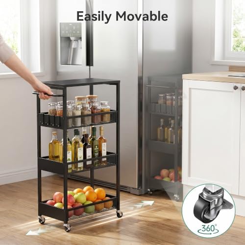 Rolling Utility Cart, 4 Tier Metal Storage Cart with Handle and Wood Top, Multifunctional Mobile Shelf Unit Organizer Trolley for Laundry, Bathroom, Kitchen - Image 4