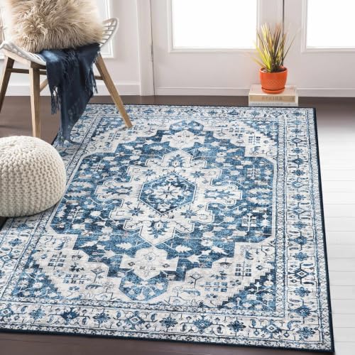 Moynesa Ultra-Thin Vintage 8x10 Area Rugs - Blue Bedroom Rugs for Living Room Non-Slip Stain Resistant, Printed Oriental Playroom Mat Indoor Floor Carpet for Dining Table Office Decor - Image 7