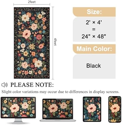 DUKINO 2x4 Entryway Rug, Floral Washable Kitchen Rugs Non Slip, Black - Image 2