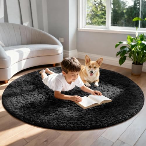 Ophanie Round Rug 5Ft Black Circle Area Rug, Room Decor for Men, Fluffy Fuzzy Bedroom Carpet, Plush Soft Shaggy Living Room Rugs for Kids Home Aesthetic, Nursery with Over 99 pcs Pile fibers - Image 3