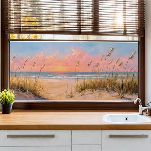 Window Privacy Film 39.37 x 17.3 in Beach Sunset Sea Oats Static Cling by yuenengmaoyi