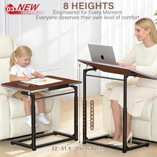 Extra Large TV Tray Table Set of 2, Heavy Duty C-Shaped Laptop Desk with 8-Level Height & 90° Tilt, Folding Overbed End Table for Couch and Bed, Walnut Finish with Phone/Tablet Slot for Small Spaces - Image 4