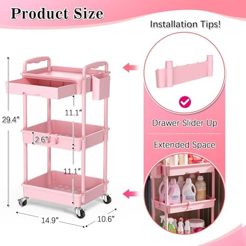 SUNALLY 3 Tier Rolling Cart with Drawer, Craft Storage Cart Organizer, Pink - Image 2