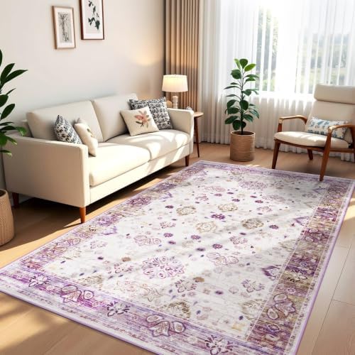 Hanples 5x8 Area Rugs for Living Room, Washable Rug Vintage Floral, Purple by Hanples