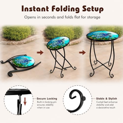 2-Pack 15 Inch Tall Mosaic Patio Side Tables Style, Metal Folding Turtle Table Set, Shatterproof Outdoor Patio Table for Porch Deck, Rust Resistant Small Garden Table (Set of 2) - Image 6