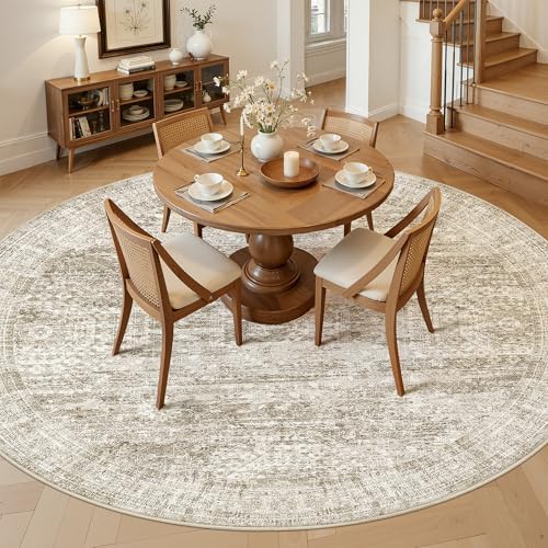 Soalmost Round Rugs 8ft Living Room Circle Area Rug 8x8 Brown Vintage - Image 3