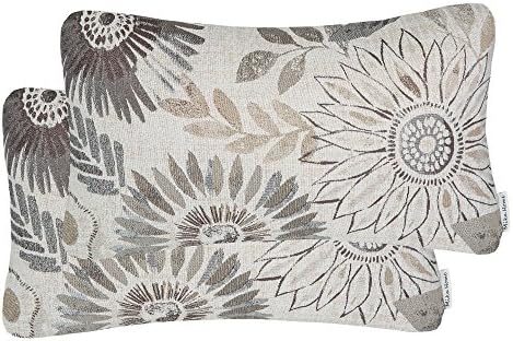 Mika Home Pack of 2 Decorative Oblong Rectangular Throw Pillow Cover Cushion Cases for Chair,Sunflower Pattern,12x20 Inches, Grey Cream by MikaHome