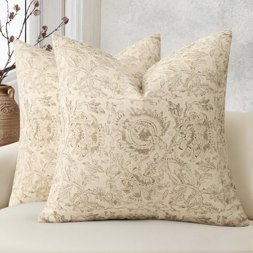 Vintage Floral Print Throw Pillow Covers 26x26 Set of 2 Neutral Modern Farmhouse Pillowcases Accent Decorative Cushion Covers Boho Home Decor for Couch Sofa Chair Bed Living Room, Natural Beige by DKwizme